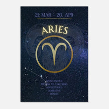 Aries Zodiac Poster – kraftvolles Sternzeichen-Wandbild in Dunkelblau und Gold mit Symbol, Datum und Charaktereigenschaften