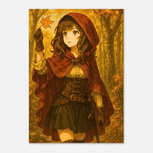 Autumn Adventure Poster – Fantasy Mädchen mit rotem Umhang und Herbstblatt im Wald, magische Wandkunst