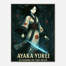 Ayaka Yurei Anime Poster „Blossom of the Dead“ im schwarzen Metallrahmen – dunkle Samurai-Geisha Wandkunst von Defa Designs