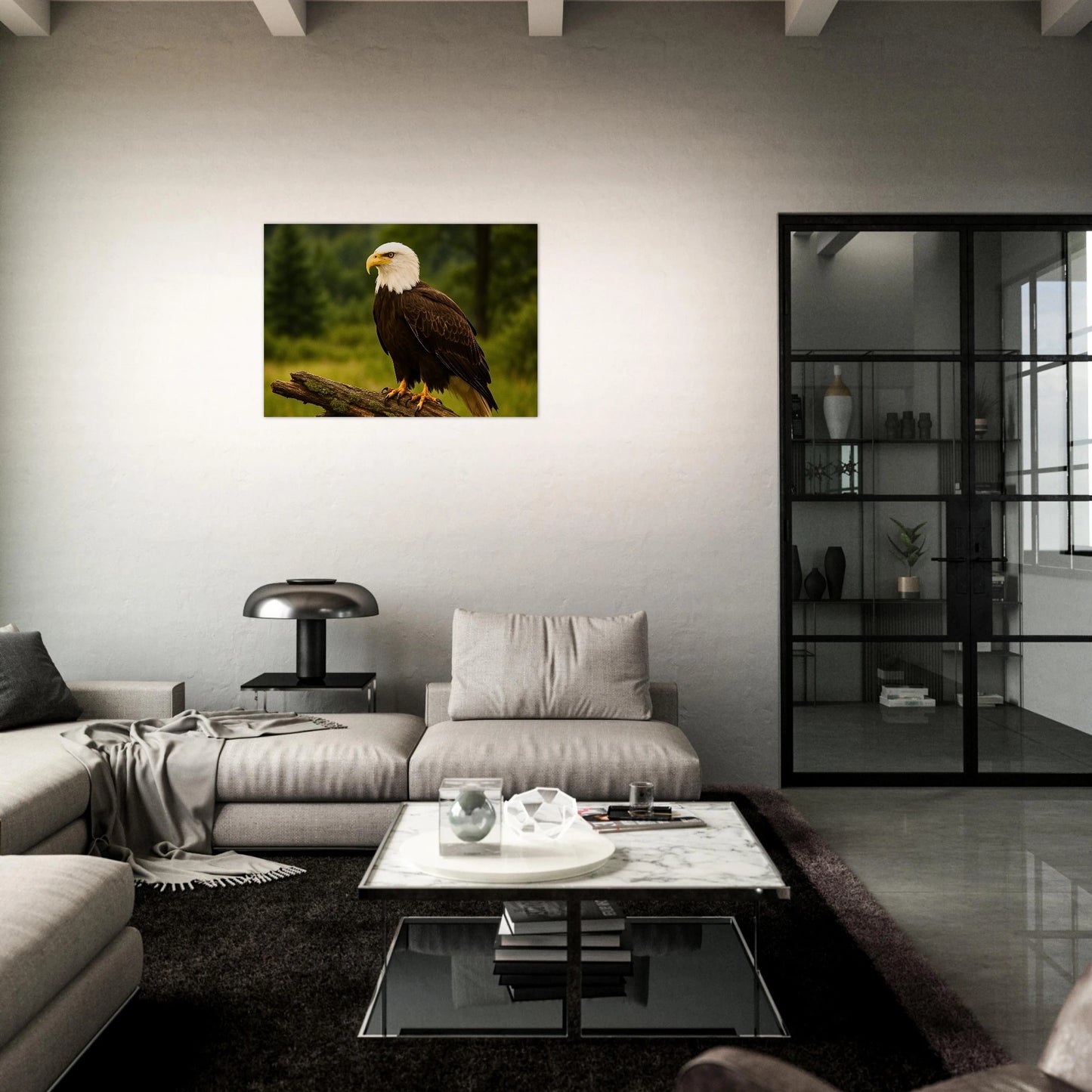 Bald eagle poster print leaning on wooden table, wildlife nature wall art for home decoration.