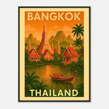 Bangkok Thailand vintage wall art poster in black metal frame featuring golden temples, river scenery and retro travel illustration