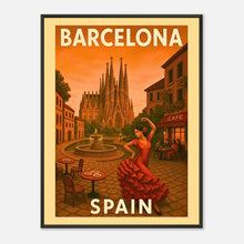 Vintage Barcelona Spain wall art poster in black metal frame with iconic architecture, plaza scene and classic travel illustration style