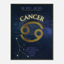 Cancer wall art poster in black metal frame featuring zodiac symbol and cosmic constellation design