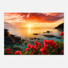 Premium Poster „Coastal Glow – Sunset & Blossoms“ mit leuchtendem Sonnenuntergang und roten Blüten, hochwertige Wanddeko ohne Rahmen.