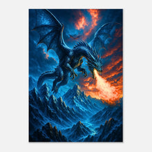 Fierce Fire Dragon Poster – epischer Feuerdrache über Bergen, speit Flammen in den Nachthimmel