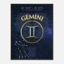 Gemini wall art poster in black metal frame featuring zodiac symbol and cosmic constellation design