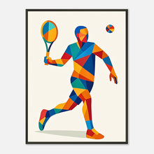 Geometric Serve – The Art of Tennis Poster im schwarzen Metallrahmen | Abstrakter Tennisspieler in kräftigen Farben | Modernes Sportkunstwerk von DEFA Designs