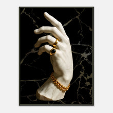 Gilded Touch luxury modern wall art poster in black metal frame, classical sculpted hand with gold jewelry on black marble background