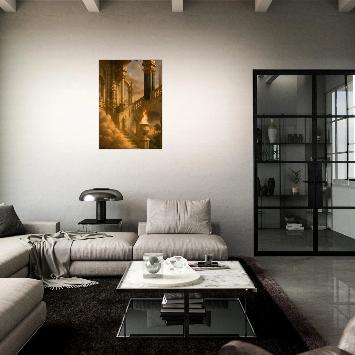 Golden Stairway dream poster – classical wall decor in stylish modern living room with warm tones