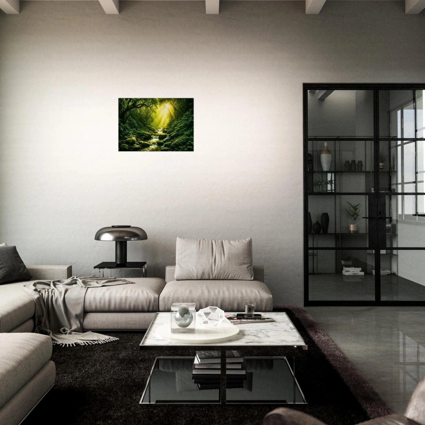 "Forest wall print – Light in the Jungle poster in elegant interior design"