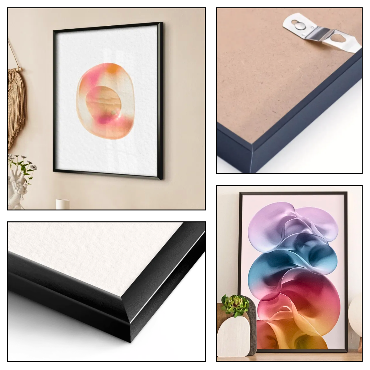 Grow Through wall art print detail showing black metal frame, matte premium paper and high quality finish