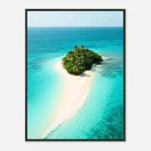 Island Escape Poster im schwarzen Metallrahmen – tropische Insel mit türkisblauem Meer und weißem Sandstrand, modernes Strandposter von Defa Designs.