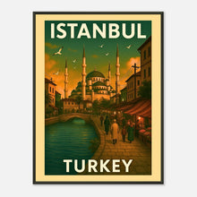 Vintage Istanbul Turkey wall art poster in black metal frame with historic mosques, waterfront streets and classic travel illustration style