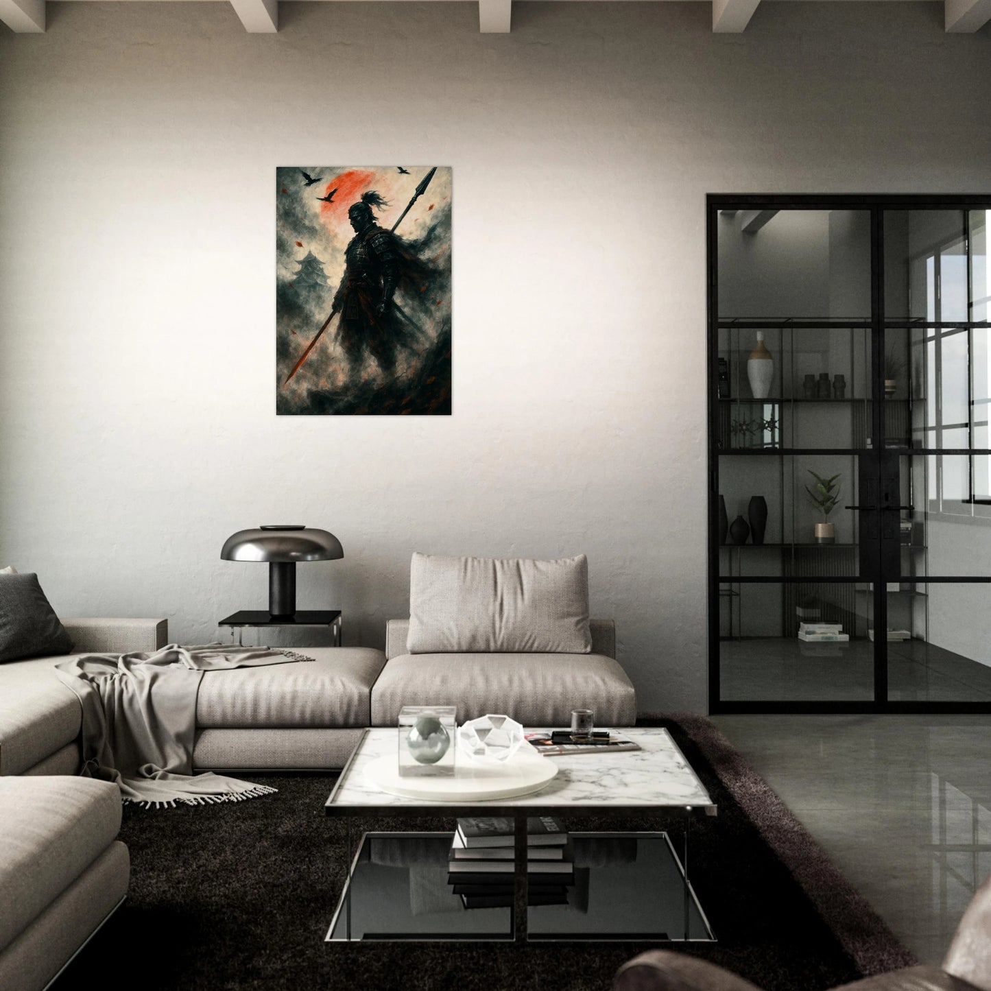 Japanese samurai poster in stylish dark living room, dramatic red sun and autumn leaf background