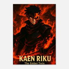 Anime Poster Kaen Riku – The Ember Twin. Epischer Kunstdruck mit feurigem Krieger in Flammen, hochwertige Wandkunst für Anime Fans