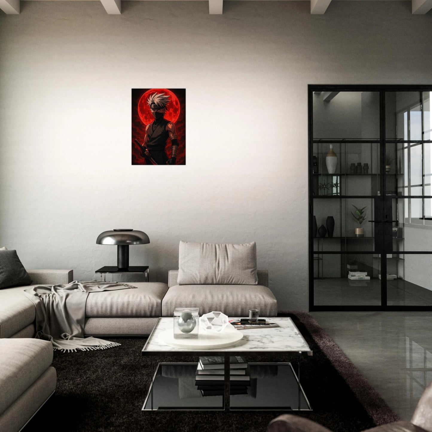 Anime Poster Kaze Roku – Blood Moon Rising. Moderne Wandkunst mit Ninja und rotem Blood Moon als dekoratives Kunstposter