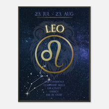 Leo wall art poster in black metal frame featuring zodiac symbol and cosmic constellation design