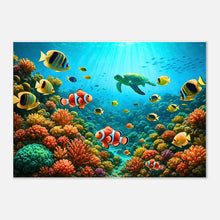 Buntes Unterwasser-Poster „Life Beneath the Waves“ mit tropischen Fischen und Korallenriff – perfekte Wanddekoration und Geschenkidee.