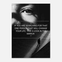Look in the Mirror poster – black and white motivational wall art with inspiring quote and dramatic face design