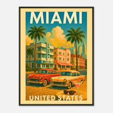 Miami United States vintage city wall art with black metal frame, pastel art deco buildings, palm trees and classic cars