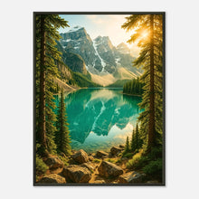 Mountain Reflections Poster – majestätische Berglandschaft mit türkisblauem See im eleganten schwarzen Metallrahmen. Naturkunst von Defa Designs.