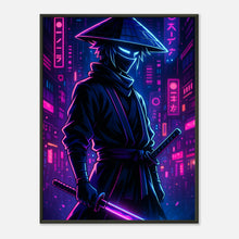 Neon Ronin Cyber Samurai Poster mit schwarzem Metallrahmen – futuristische Anime Wandkunst in leuchtenden Neonfarben, frontal dargestellt.