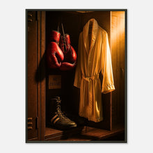 Motivationsposter „No Excuses“ mit Boxhandschuhen und goldener Jacke im schwarzen Metallrahmen | Kraftvolle Boxkunst von DEFA Designs
