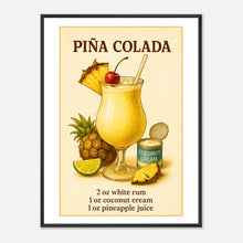Piña Colada tropical cocktail wall art poster in black metal frame featuring classic pineapple drink illustration