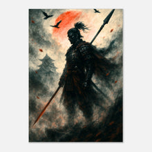 Epic samurai warrior poster with blazing red sun and autumn leaves, Japanese wall art print