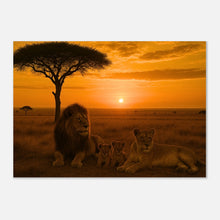 Savannah Legacy Poster – majestätische Löwenfamilie unter dem goldenen Himmel Afrikas, hochwertiger Kunstdruck ohne Rahmen.