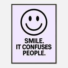 Smile icy lavender wall art poster in black metal frame featuring minimalist smiley typography design