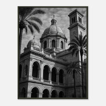 Stillness in Stone monochrome architecture wall art poster in black metal frame featuring classical building and palm trees