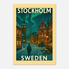 Stockholm Sweden Poster – Vintage Wandbild mit Nordlichtern und winterlicher Altstadt, hochwertiger Kunstdruck