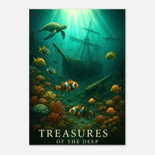 Sunken Secrets underwater treasure wall art poster – premium matte print with vibrant coral reef and marine life.