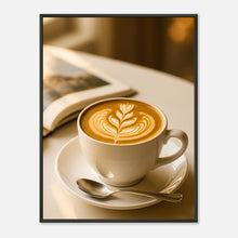 Sunlit Sips cozy coffee wall art poster in black metal frame featuring latte art and warm morning light