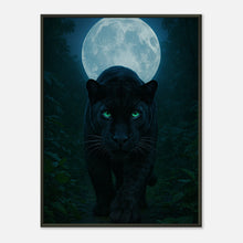 Wild Nights – The Panther Poster mit schwarzem Panther unter Vollmond, in schwarzem Metallrahmen – mystische Tierkunst von Defa Designs.