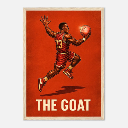 Air Legend Poster „The GOAT in Flight“ im hellen Naturholzrahmen – stilvolles Basketball Wandbild für Sportfans