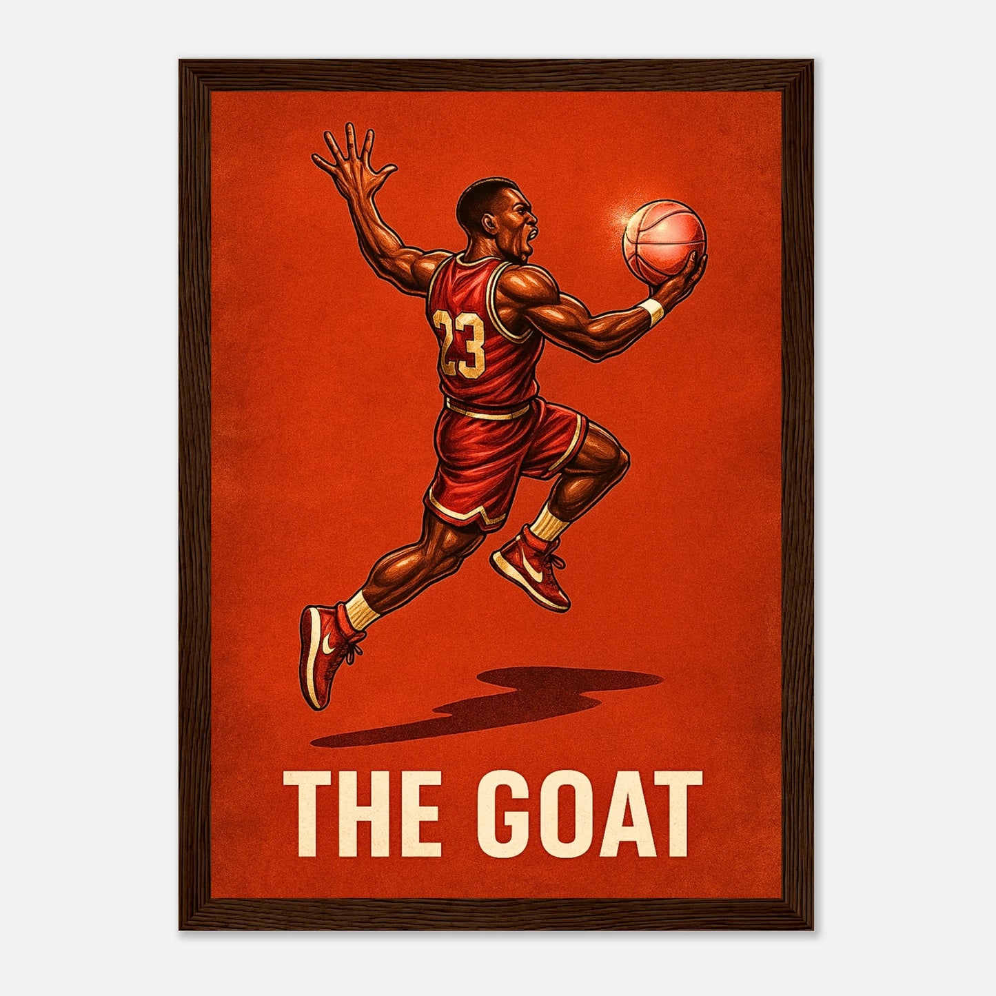 Air Legend Poster „The GOAT in Flight“ mit dunkelbraunem Holzrahmen – sportliche Wanddekoration für Wohnzimmer und Büro