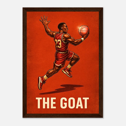 Air Legend Poster „The GOAT in Flight“ mit dunkelbraunem Holzrahmen – sportliche Wanddekoration für Wohnzimmer und Büro