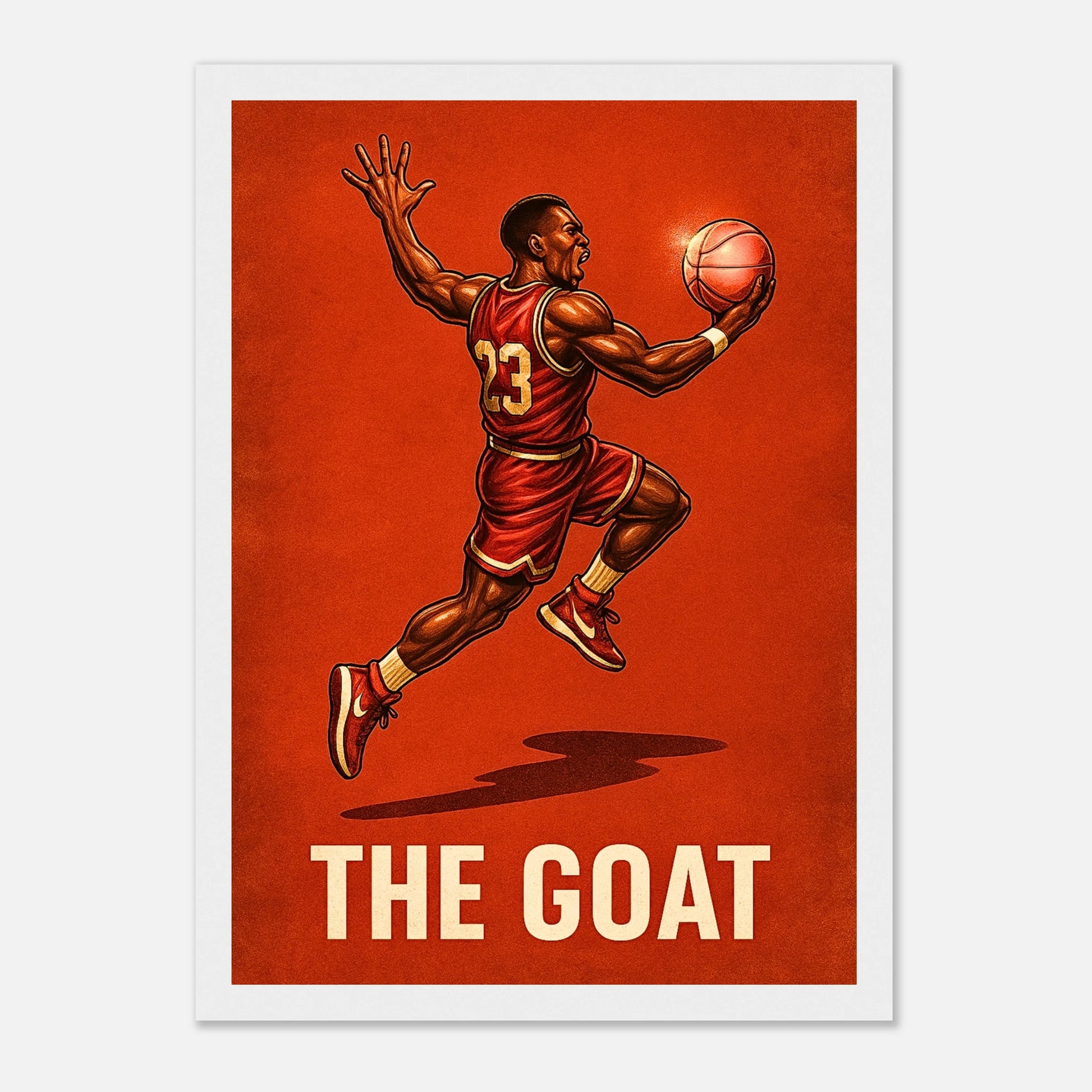 Basketball Poster „Air Legend – The GOAT in Flight“ im weißen Holzrahmen – moderne Sportkunst für Wohnzimmer und Büro