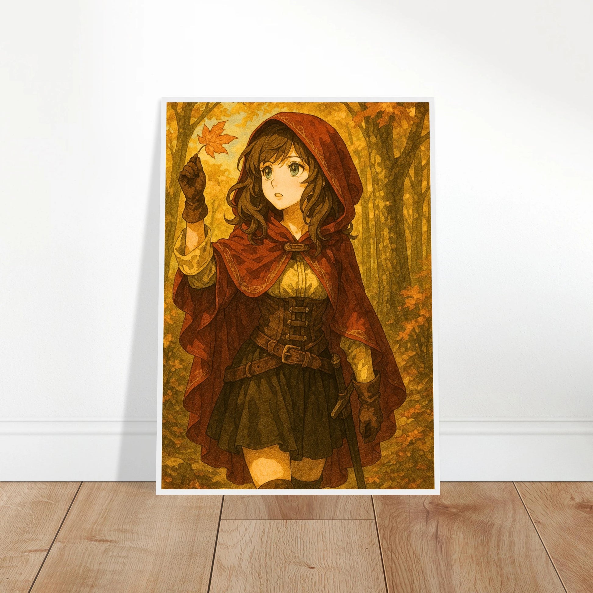 Autumn Adventure Poster, an die Wand gelehnt – magisches Anime-Mädchen im roten Umhang mit goldenem Hintergrund, perfekte herbstliche Wanddekoration.