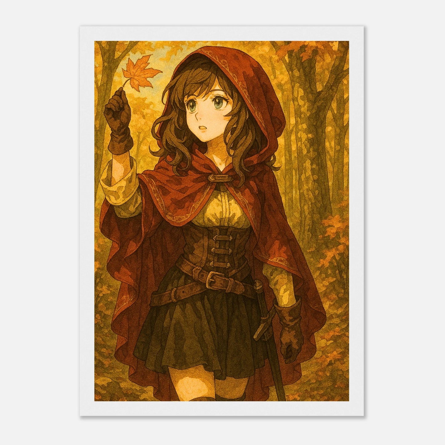 Autumn Adventure Poster im weißen Holzrahmen – herbstliches Anime-Motiv mit jungem Mädchen und fallenden Blättern, ein eleganter Blickfang für dein Zuhause.