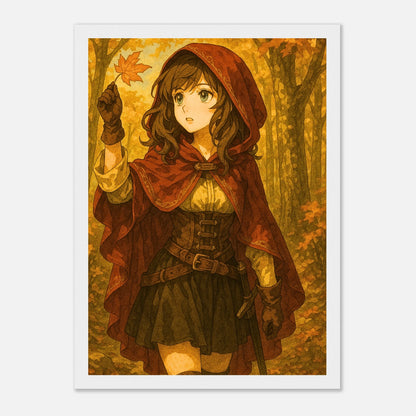 Autumn Adventure Poster im weißen Holzrahmen – herbstliches Anime-Motiv mit jungem Mädchen und fallenden Blättern, ein eleganter Blickfang für dein Zuhause.