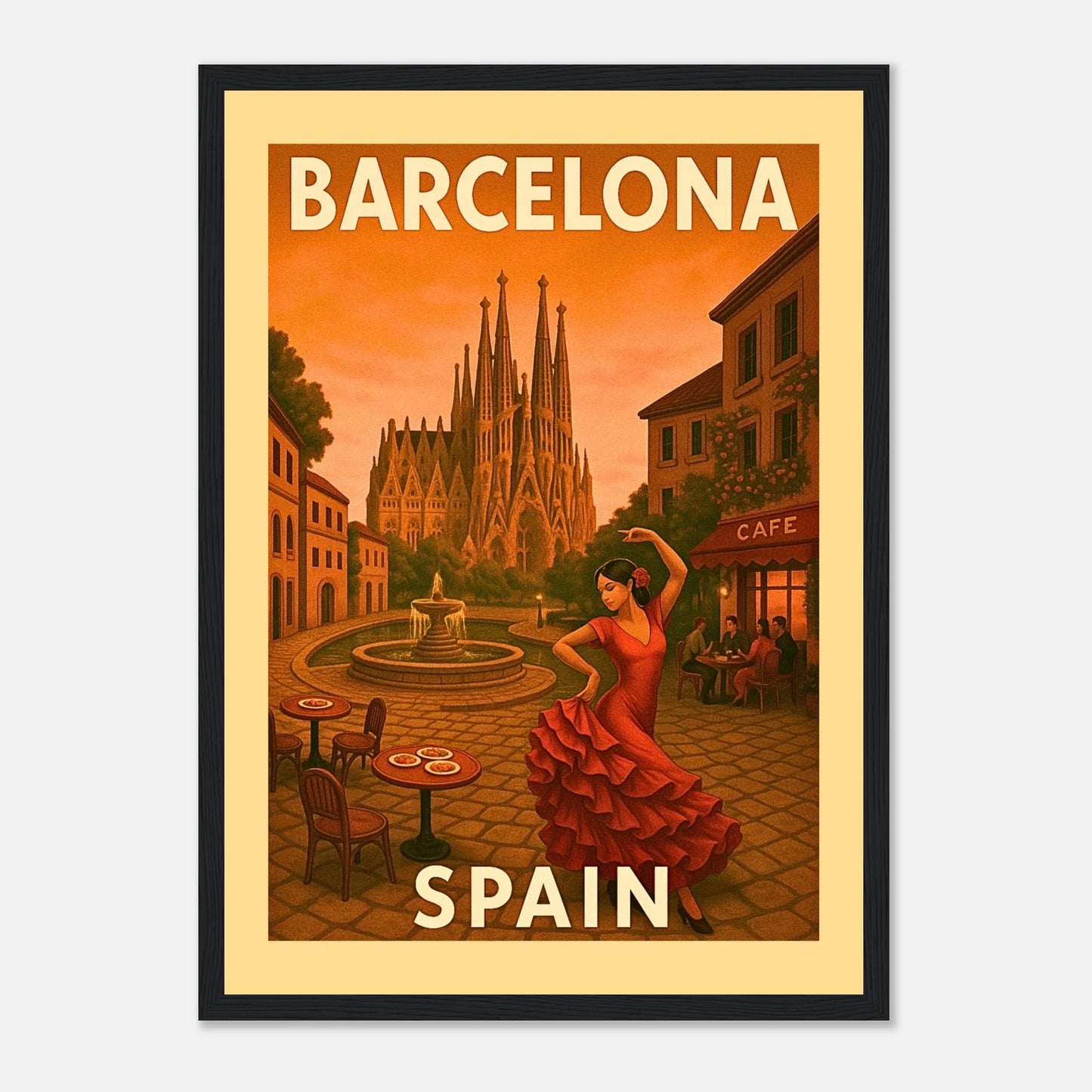 Barcelona Poster im schwarzen Holzrahmen – dekoratives Wandbild im Retro-Stil mit Flamenco, Cafés und spanischer Architektur.