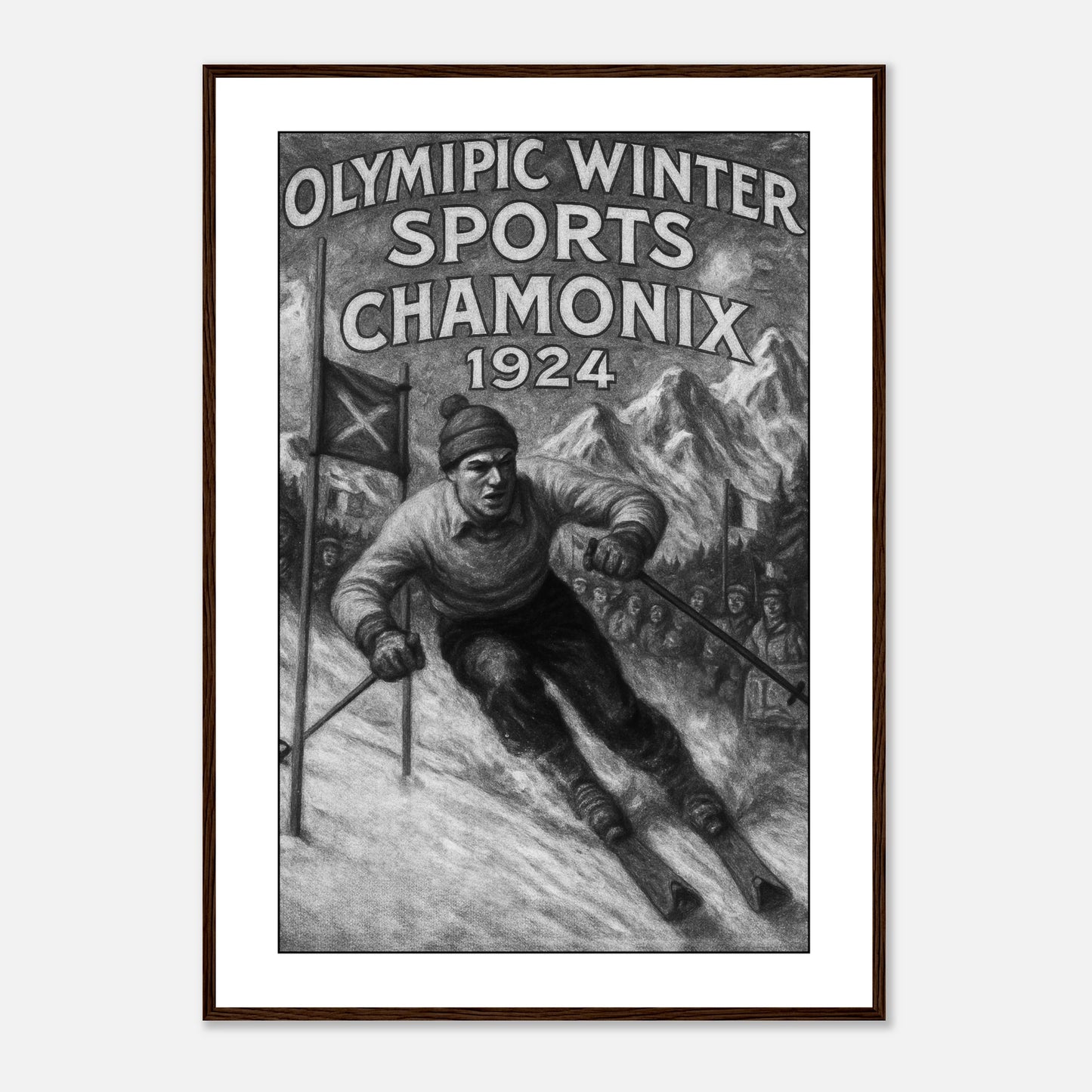 Poster „Chamonix 1924 – Birth of the Winter Games“ im dunkelbraunen Rahmen – klassische Olympia Wanddeko für Wintersport Liebhaber.