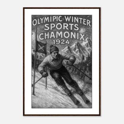 Poster „Chamonix 1924 – Birth of the Winter Games“ im dunkelbraunen Rahmen – klassische Olympia Wanddeko für Wintersport Liebhaber.