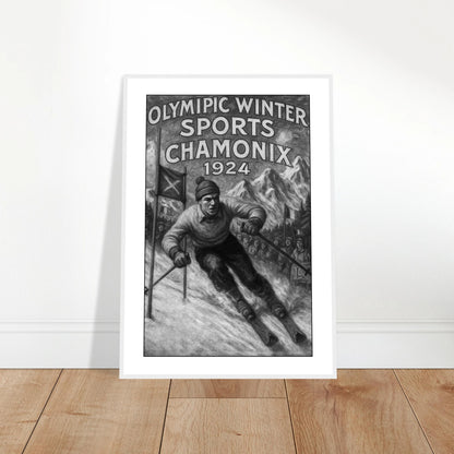 Ungerahmtes Poster „Chamonix 1924 – Birth of the Winter Games“ an die Wand gelehnt – sportliche Olympia Wandkunst im Retro-Stil.