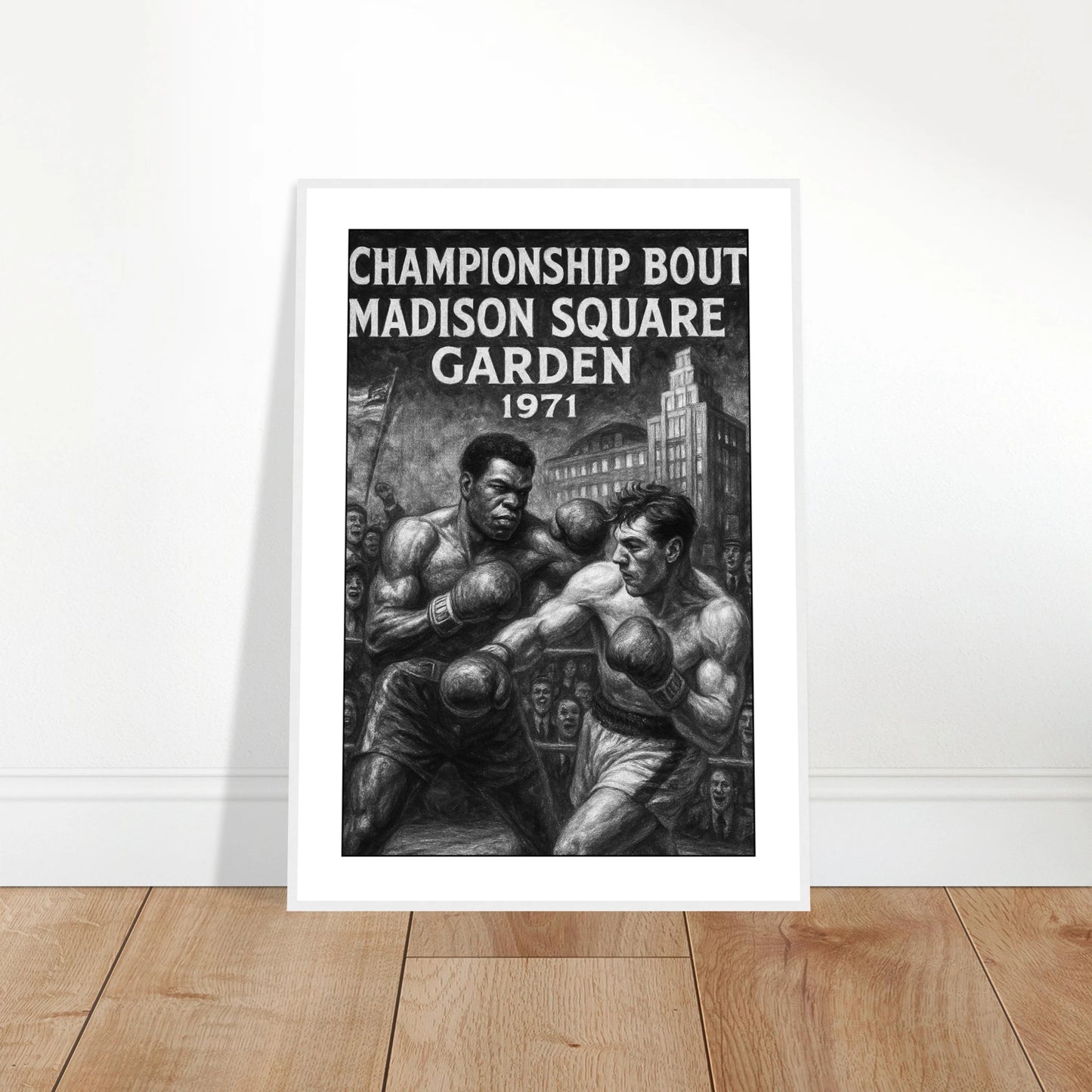 Ungerahmtes Poster „Fight of the Century – Ali vs. Frazier 1971“ an die Wand gelehnt – sportliche Box-Deko für moderne Räume.