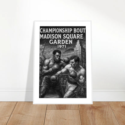 Ungerahmtes Poster „Fight of the Century – Ali vs. Frazier 1971“ an die Wand gelehnt – sportliche Box-Deko für moderne Räume.