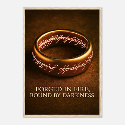 Forged in Fire Poster im hellen Holzrahmen – der Eine Ring aus Mittelerde mit goldenen Runen und glühendem Licht als epische Wandkunst von Defa Designs.